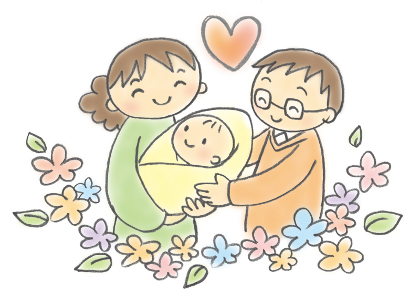 パパと赤ちゃんを抱くママと花のイラスト