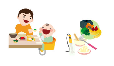 食事中のパパと赤ちゃんのイラスト