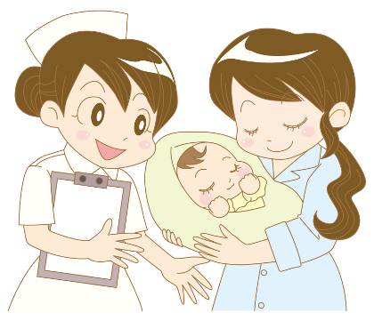 新生児を抱く母と看護師のイラスト